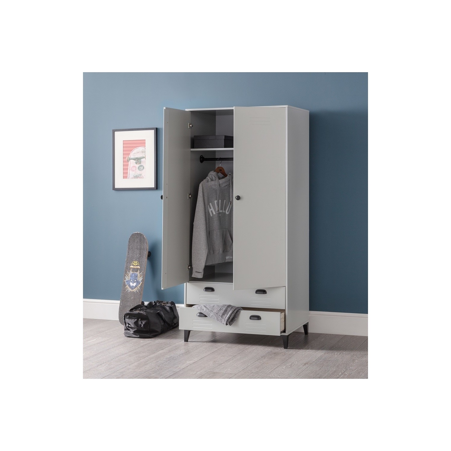 Read more about Grey locker metal effect double wardrobe with 2 drawers lakers julian bowen